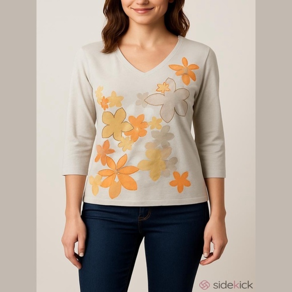 Caribbean Joe Beige and Orange Floral Top
